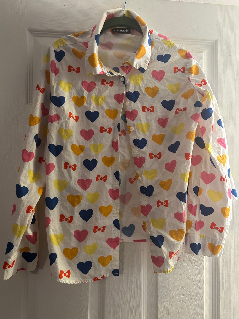 Modcloth x Hello Kitty Button-Up Shirt with Navy, Pink, Yellow & Orange Hearts